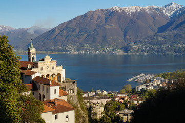 Panoramic view of Madonna del Sasso and lake Maggiore at Locarno