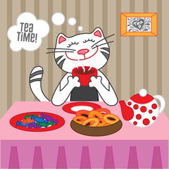 Cat drinking hot tea with sweets and dryers