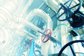 Sketch of piping design mixed with industrial equipment photo