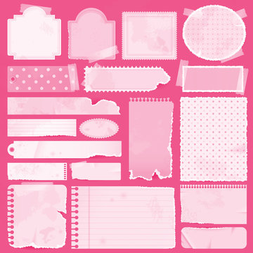 Various pink remnant pieces of paper, scrapbook, and note board Stock  Illustration
