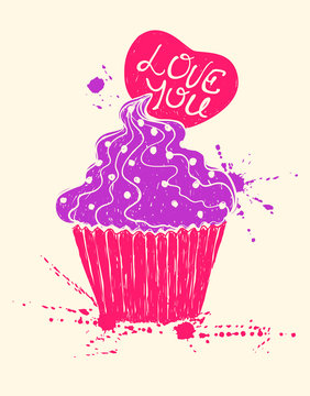 pink cupcake with purple frosting love you clip art preview