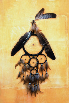 dream catcher with eagle and raven feathers on orange structure