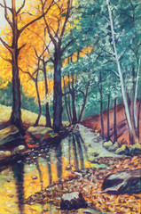 landscape oil painting with river in autumn forest