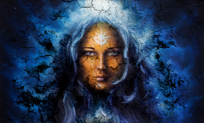 mystic face women, with structure crackle background effect