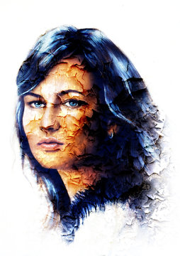 Young woman portrait, with long dark hair and blue eye , color 
