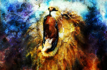 painting of a roaring lion on a abstract desert pattern, collage © jozefklopacka
