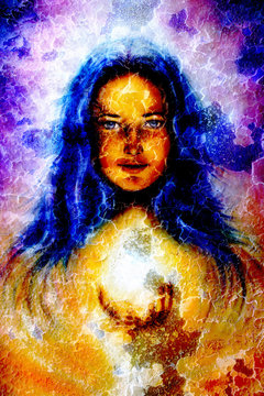 painting woman with long blue hair, holding a sourceful 