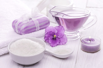 Fototapeta na wymiar sea salt and essential oils, purple violet. spa