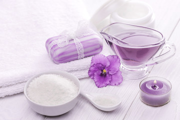 Fototapeta na wymiar sea salt and essential oils, purple violet. spa