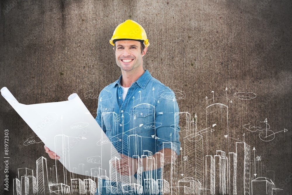 Poster composite image of happy architect holding blueprint in house