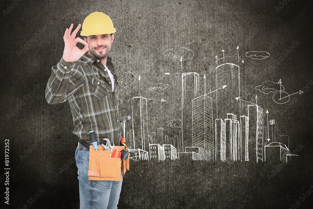 Poster Composite image of smiling handyman gesturing okay