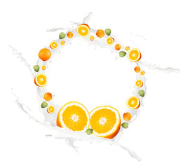 Fruit, orange in milk splash, isolated on white background