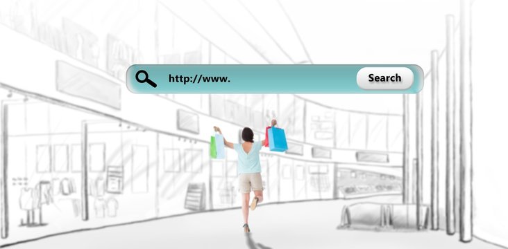 Composite image of happy brunette with shopping bags