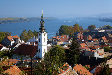 Zemun, view on the St. Nicholas Church, Danube river and Belgrad