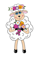 Sheep in a wreath and flowers. Vector character.