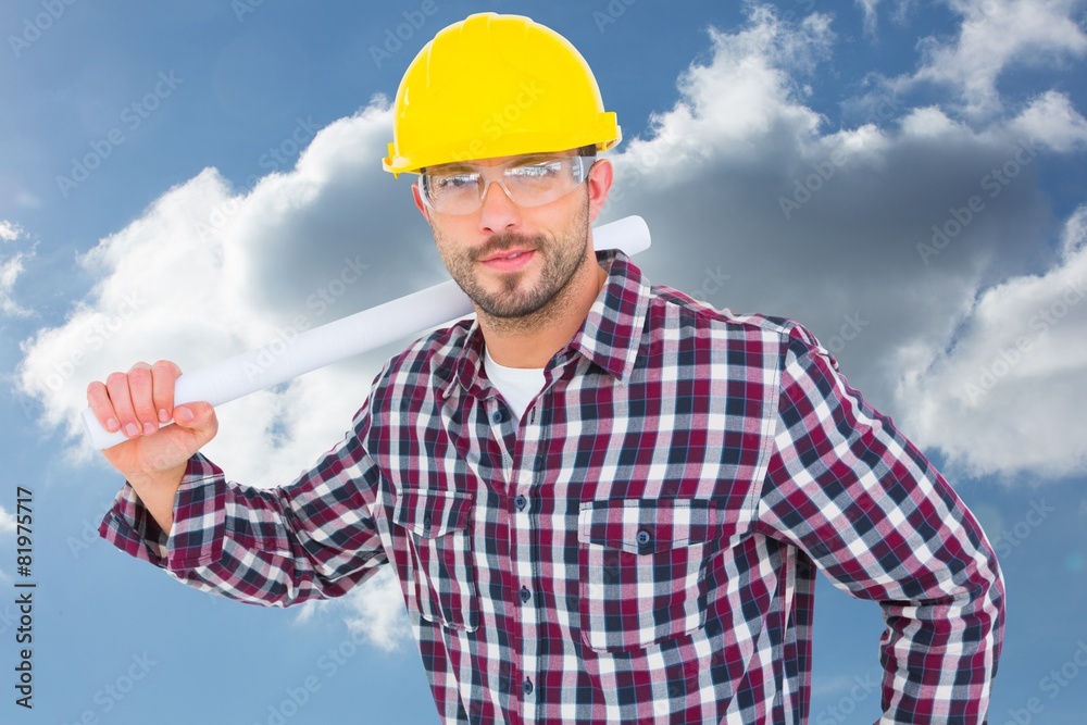 Poster composite image of handyman holding rolled up blueprint
