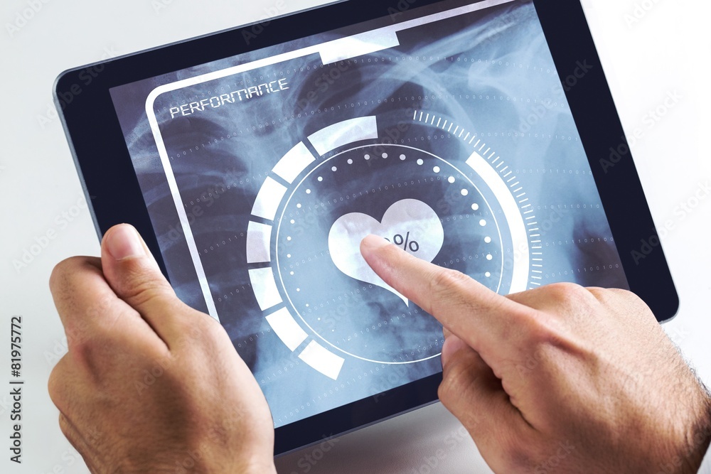 Poster Composite image of man using tablet pc