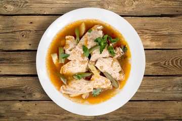 Thai. Thai Food Red Curry Chicken with Bamboo Shoots and Green