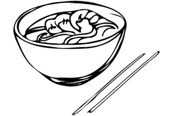 vector sketch of Chinese noodles with shrimp and chopsticks