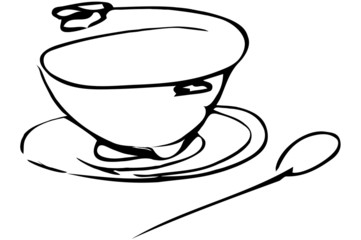 bowl of soup with herbs and spoon lying next