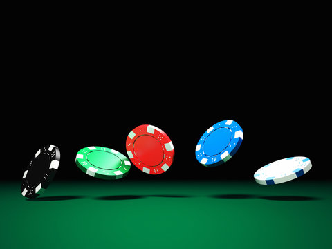  colorful pocker chips on classic green gaming table background. concept of gambling, risk and fun.