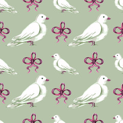 Obraz premium Watercolor seamless pattern with white doves