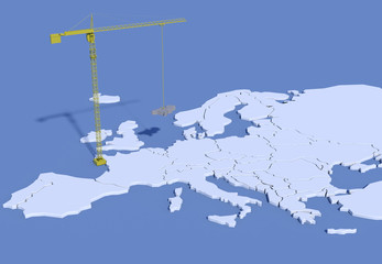 Mappa Europa 3D con gru che solleva Paesi Bassi in calcestruzzo