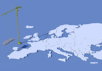 Mappa Europa 3D con gru che solleva Portogallo in calcestruzzo