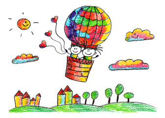 Happy boy and girl fly in big ballon.