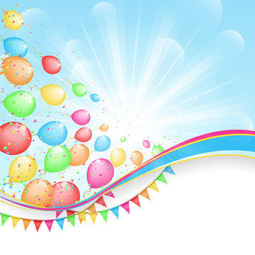 Sunny holiday background with color balloons and flags