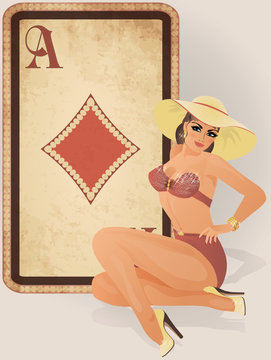 Diamonds poker card with pin up sexy girl, vector illustration