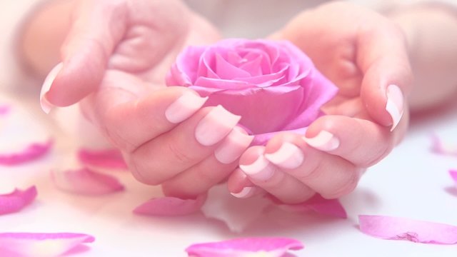 Woman's nails with french manicure. Spa hands care