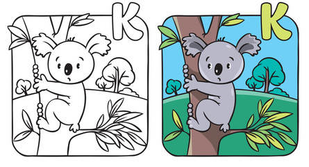 Fototapeta premium Coloring book with funny koala. Alphabet K