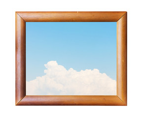 Wood photo image frame and blue sky isolated on white background