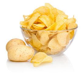 Potato chips in glass bowl isolated isolated on white background