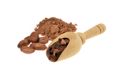 cocoa powder and cocoa beans with wooden scoop