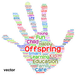 Conceptual child education hand print word cloud isolated