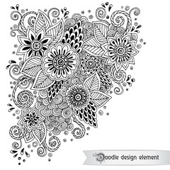 Floral retro doodle black and white pattern  in vector.