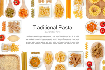various pasta on white background top view