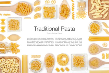 various pasta on white background top view