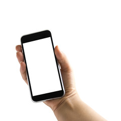 Woman Hand holding smart phone isolated on white background