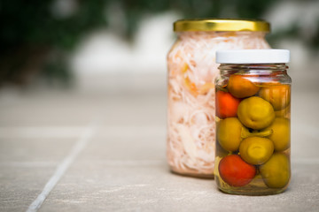 Organic pickled vegetables. Marinated food. Clean eating concept