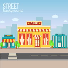 cafe building in city space with road on flat syle background