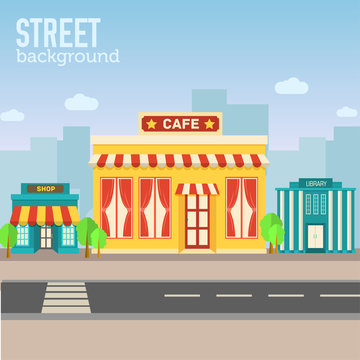 cafe building in city space with road on flat syle background