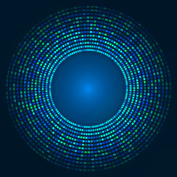 blue abstract background - circles of glowing pixels, concentric
