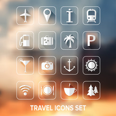 Set of travel flat icons on blurred background