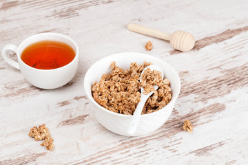 homemade granola and cup of tea