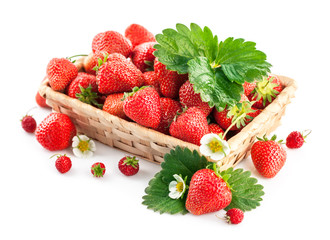 Basket fresh strawberry with green leaf and flower. Isolated