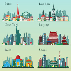 Cities skylines set. Vector flat landscapes