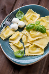 Close-up of ravioli stuffed with mozzarella cheese